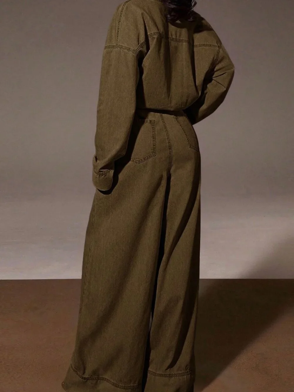 Coffee Brown Casual Women's Denim Loose Button Front Drop Shoulder Jumpsuit